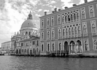 Fototapeta na wymiar Monochrome Image of the Grand Canal with Basilica of Saint Mary of Health in Venice, Italy