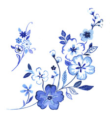 Monochrome Indigo Cobalt Blue watercolor flowers isolated on a white background. Decorative border of a bouquet of flowers. Perfect for stationery, gift, fabric, home decor, wall art and more!