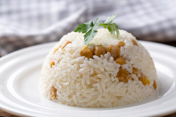 Turkish Rice with chickpea served, Turkish name; Nohutlu pilav or pilaf