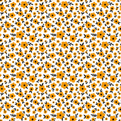 Ditsy Floral seamless pattern. Small orange black meadow flowers on white background. Vintage Millefleur tiny wildflowers vector texture for fashion, nursery print, textile, fabric, wrap, gift paper