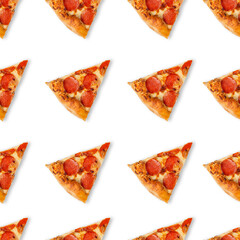 Seamless slice or piece of pizza pattern isolated on white background. Top view on paperoni pizza food background.