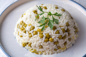 Traditional delicious Turkish foods; pea rice (Turkish name; Bezelyeli pilav)
