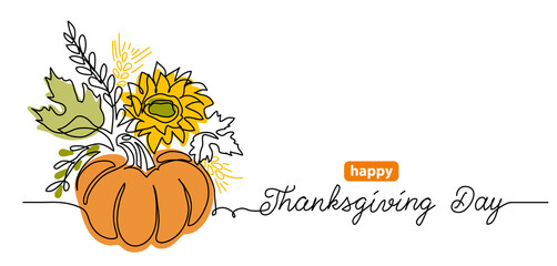 Thanksgiving Day one line art background with pumpkin vegetable composition. Simple vector greating background, banner, poster. Continuous line drawing with lettering happy Thanksgiving Day