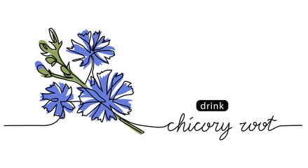 Chicory, succory, cichorium wild blue flower sketch. One continuous art line drawing of Chicory - obrazy, fototapety, plakaty
