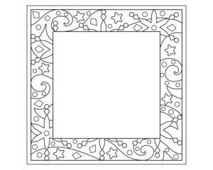 Winter frame for coloring antistress - vector linear christmas illustration. Outline. Snowy square wide frame with snowflakes, stars, ice crystals.