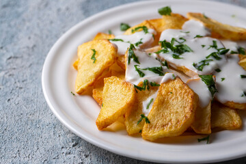 Traditional delicious Turkish foods, fried potatoes with yoghurt (Turkish name; Yogurt soslu patates kizartmasi)
