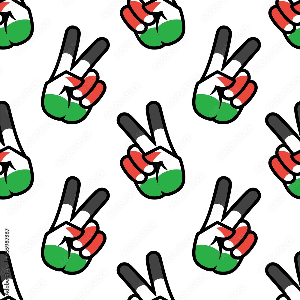 Wall mural Gaza Strip flag in the form of a peace sign. Seamless background. Gesture V victory sign, patriotic sign, icon for apps, websites, T-shirts, souvenirs, etc., isolated on white background