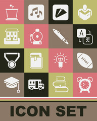 Set Alarm clock, American football ball, Translator, Paper airplane, Ringing alarm bell, School building, Stage stand and Marker pen icon. Vector