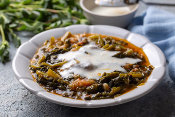 Traditional Turkish cuisine purslane dish with yoghurt (Turkish name; Yogurtlu semizotu yemegi)