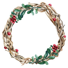 Watercolor Christmas arrangement. Rowan berry and branches wreath. Hand drawn illustration on white background. Water colour drawing.