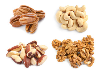 Set with different tasty nuts on white background, top view