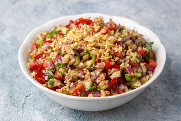 Traditional delicious Turkish cuisine, salad with tomatoes, cucumbers (Turkish name; Gavurdagi salata)