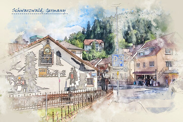 small town Schwarzwald in Germany,  in watercolor sketch style - obrazy, fototapety, plakaty