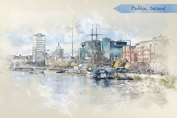 Fototapeta premium city life of Dublin, Ireland, in sketch style