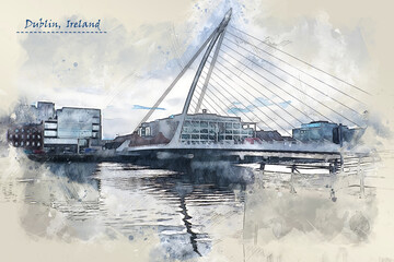 city life of Dublin, Ireland,  in sketch style