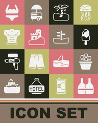 Set Life jacket, Ice bucket, cream, Tropical palm tree, Sand castle, Bodybuilder muscle, Swimsuit and Road traffic sign icon. Vector
