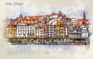 city life of Porto, Portugal, in sketch style