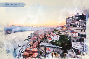 city life of Porto, Portugal, in sketch style - obrazy, fototapety, plakaty
