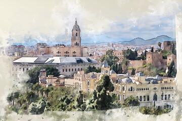 panorama of Malaga, Spain, in sketch style - obrazy, fototapety, plakaty