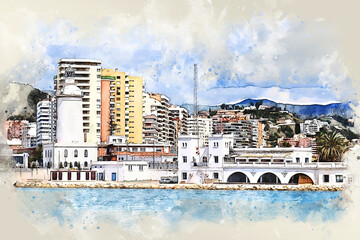 coast of Malaga, Spain, in sketch style