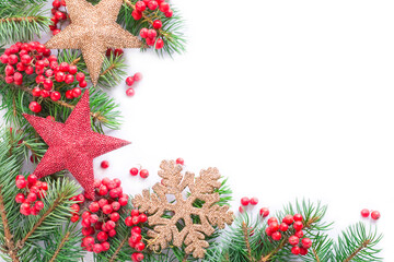 Christmas background. Fir trees, red berries, ornaments on white background