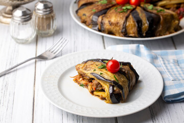 Traditional delicious Turkish food, meat eggplant dish (Turkish name; patlican kapama)
