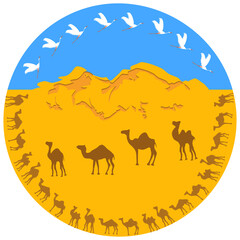 Camel caravan, desert, dunes, flock of migratory birds - abstract art icon - isolated on white background - vector. International Animal Day. International Day for Biological Diversity.
