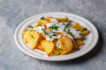 Traditional delicious Turkish foods, fried potatoes with yoghurt (Turkish name; Yogurt soslu patates kizartmasi)