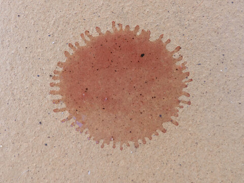 Red wine drop in a bron floor. Drop has the shape as a coronavirus