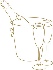 champagne bottles with cork shooting. One line drawing of an isolated vector object . Continuous line of drawing two glasses of champagne