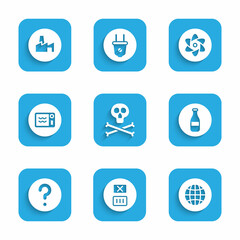 Set Bones and skull warning, Temperature wash, Social network, Bottle, Unknown search, Microwave oven, Test tube flask and Factory production icon. Vector