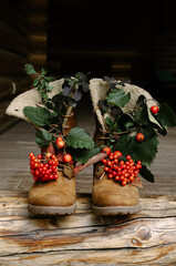 Tracking boots with autumn berries and leaves standing on the porch of a country house.