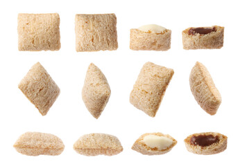 Set with sweet crispy corn pads on white background