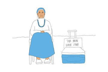 Elderly woman sitting on chair and selling snacks in cooler