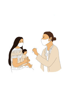 Doctor performing check-up with baby and mother