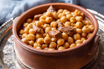 Traditional delicious Turkish foods; Turkish Food Chickpeas with Meat. Turkish name; Etli nohut