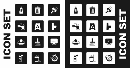 Set Vacuum cleaner, Wet floor, Water tap, Dishwashing liquid bottle, Toilet bowl, Trash can, Home cleaning service and wipe pack icon. Vector