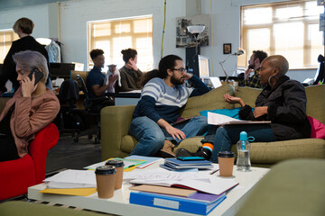 Friends working together in cosy office