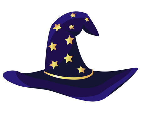 Vector cartoon witch hat with gold stars and belt. Purple hat for Halloween isolated on white background.