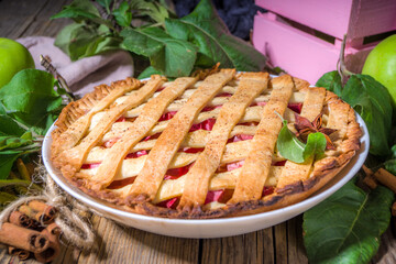 Fall traditional baking, homemade apple cake and apple pie oatmeal cookies, halloween thanksgiving, autumn baking food, cozy baking wooden background copy space
