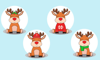 A set of different deer. Christmas.  New Year. Winter. Reindeer in Sweater, hat, scarf.