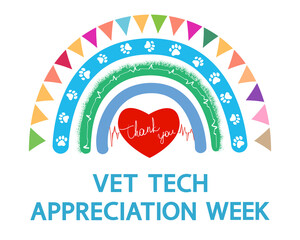 Vet tech appreciation week concept on white. Cartoon rainbow and red heart with text Thank you. - obrazy, fototapety, plakaty