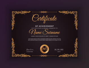 Golden gradient floral color certificate of achievement design best diploma award with badge 