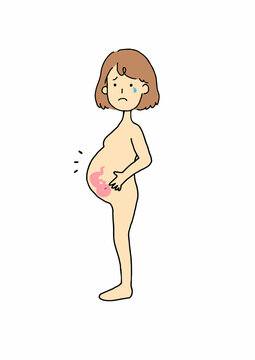 泣き顔の裸の妊婦と胎児のイメージイラスト