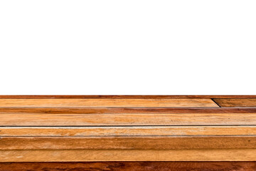 Brown weathered hardwood plank table top on white background