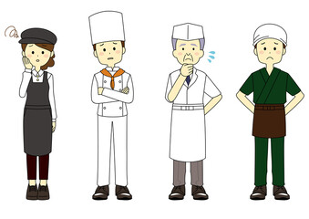 悩み、困っている飲食店店員の人々