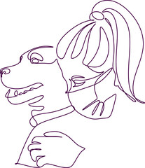 continuous line drawing of woman walking exercise with dog. One continuous single drawing line art doodle girl dog young female animal fashion friend. Isolated flat illustration hand draw contour.