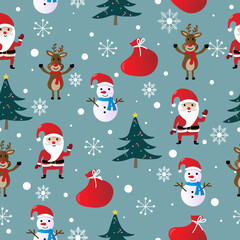 Christmas seamless pattern, christmas season with christmas tree, santa claus, reindeer,snowflakes,snow and gift bag on green background,Merry christmas and Happy new year.