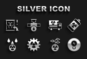 Set Radioactive, Nuclear energy battery, Light bulb with concept of idea, Acid rain and radioactive cloud, Truck radiation materials, waste barrel and Industry pipe valve icon. Vector