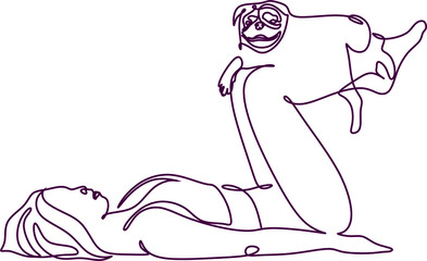 continuous line drawing of woman walking exercise with dog. One continuous single drawing line art doodle girl dog young female animal fashion friend. Isolated flat illustration hand draw contour.